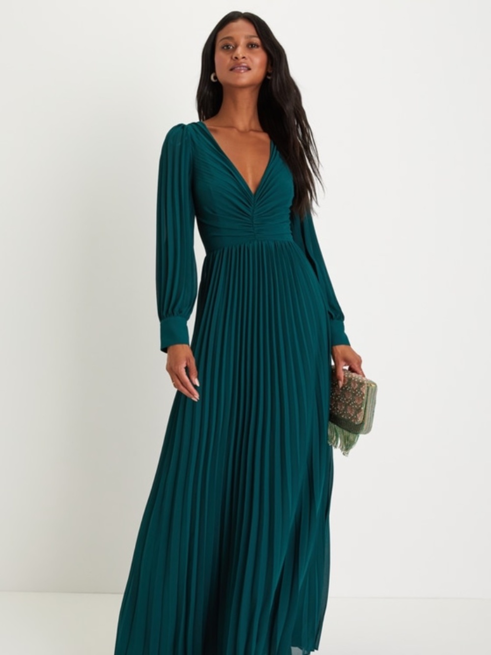 Lulus Sophisticated Grace Emerald Green Pleated Long Sleeve Maxi Dress - Size S